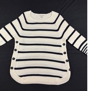John Paul Richard Womens L Striped Side Button Raglan Sweater Navy Cream